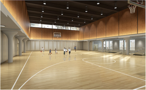 The gym on the top floor of Avenues’ building provides opportunities for both formal and informal athletic activities. A bleacher area also allows for spectators.