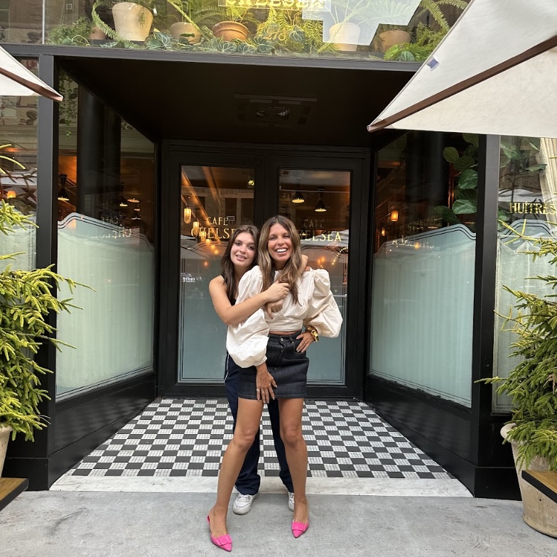 Claudia Saez Fromm and daughter outside Cafe Chelsea